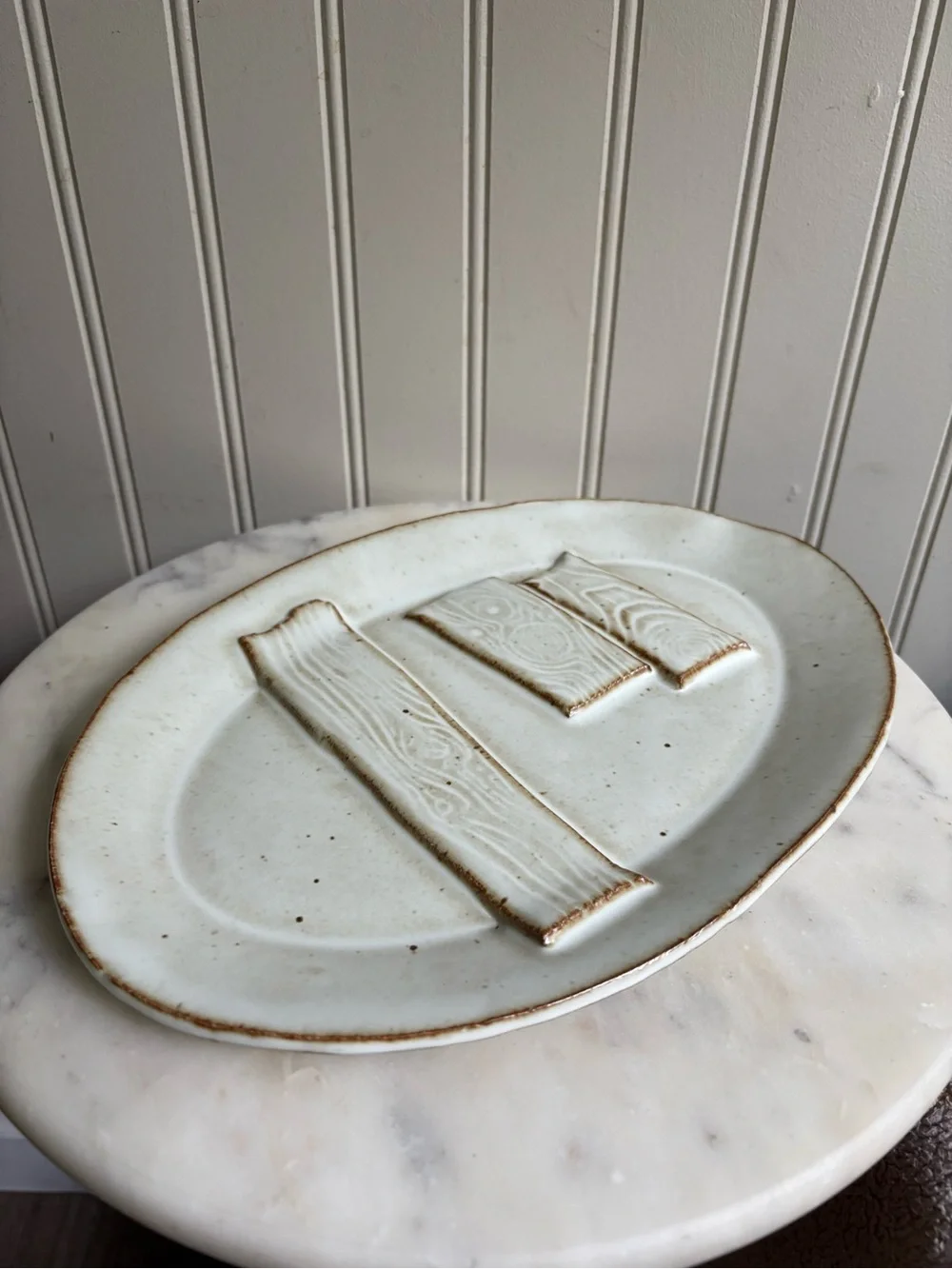 Vintage Primitive Studio Pottery Serving Plate/Platter Cream & Brown Wood Grain